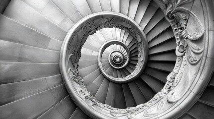   A spiral staircase in black and white with a central spiral staircase is a complex design