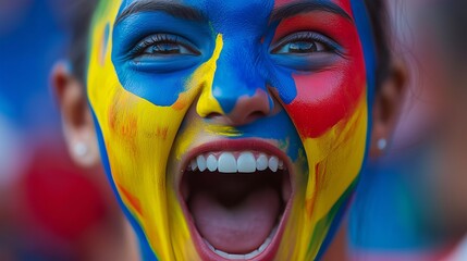 A fan's face, painted vibrant, erupts with joy as their team scores, showcasing sports passion.