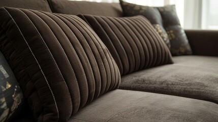 This sleek modern sofa features a soft suedelike material in a deep chocolate brown adding a touch of warmth to a contemporary space.