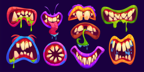 Halloween monster mouth with drool jaws and saliva tongue. Cartoon vector spooky lips and maws in vibrant red, blue, green or purple colors. Playful, fun and eerie alien, zombie or monster mouths © Vector Tradition