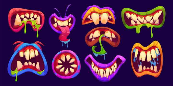 Halloween monster mouth with drool jaws and saliva tongue. Cartoon vector spooky lips and maws in vibrant red, blue, green or purple colors. Playful, fun and eerie alien, zombie or monster mouths