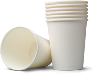 disposable empty paper cups isolated white background, made from biodegradable material for serving beverages hot cold drinks, mock-up template of single-use containers without lid