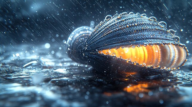   A macroscopic view of a water-submerged object with droplets on the surface and splashing onto the shoreline