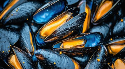   Blue and yellow mussels in close-up with water droplets