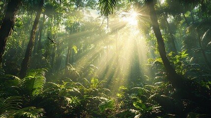 Obraz premium The sun illuminates the dense fern forest on a sunny day through the tree leaves
