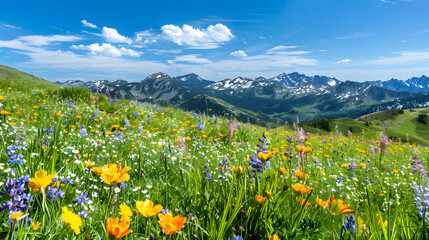 Fototapeta premium Beautiful landscape photograph of a serene alpine meadow in summer, highlighting the harmony of nature and clear blue skies.