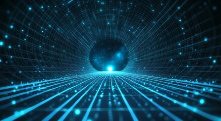 Blue technological background, with light effects and glowing lines on the ground