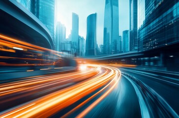 Obraz premium A city street with modern buildings and light beams in motion, symbolizing the speed of digital transformation for business technology growth