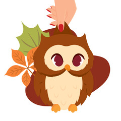 Hand holding cute autumn owl with leaves, Vector