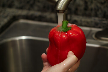 Washing red bell pepper under kitchen faucet - Powered by Adobe