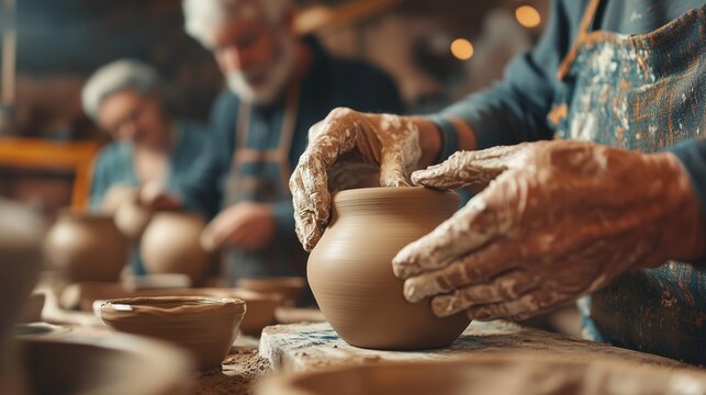 Middle-aged participants shape clay in a serene pottery workshop, creating pieces that tell stories.