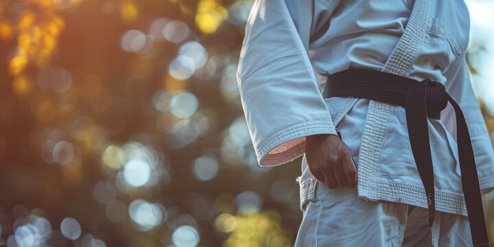 Karate instructor practicing outdoors in a traditional white kimono and black belt with space for text