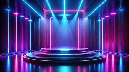 Futuristic neon abstract empty stage background with glowing podium for performance , neon, abstract, empty, stage