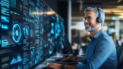 Businessman working on computer with data analytics.