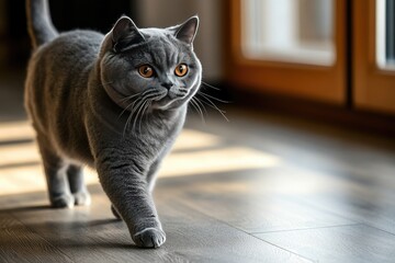 A gray cat walks across the wooden floor. This photo can be used for websites, blogs, and social media posts about pets, cats, or animal photography.