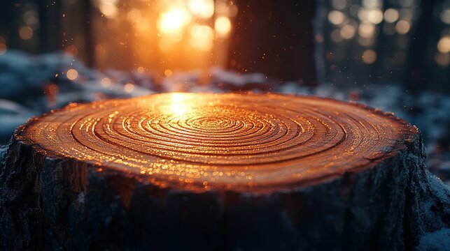 Golden Sunlit Tree Stump in a Winter Forest