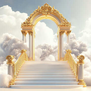 3D golden Baroque arch with stairs leading to heaven on a white background with clouds