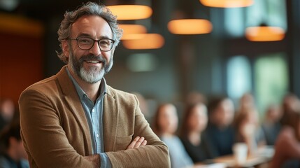 Fototapeta premium Confident businessman smiling in a meeting.