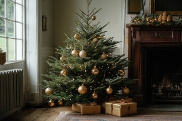 Decorated Christmas tree with gold ornaments. This image is perfect for holiday marketing materials.