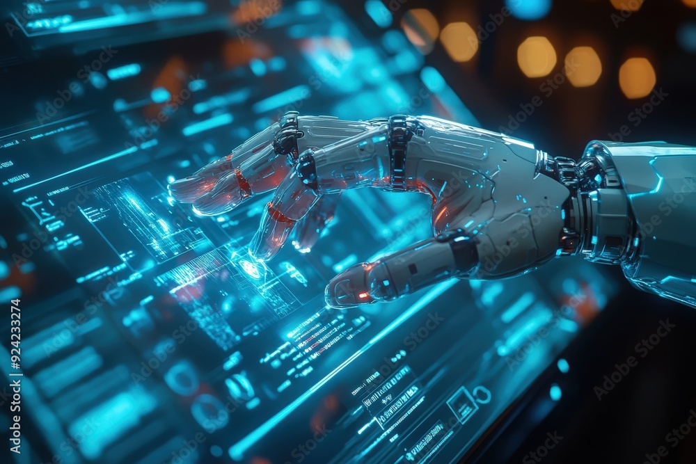 Poster futuristic robotic hand interacting with a digital interface