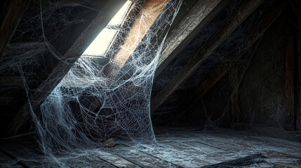 Spider Web in the Attic for Halloween Concept with Copy Space