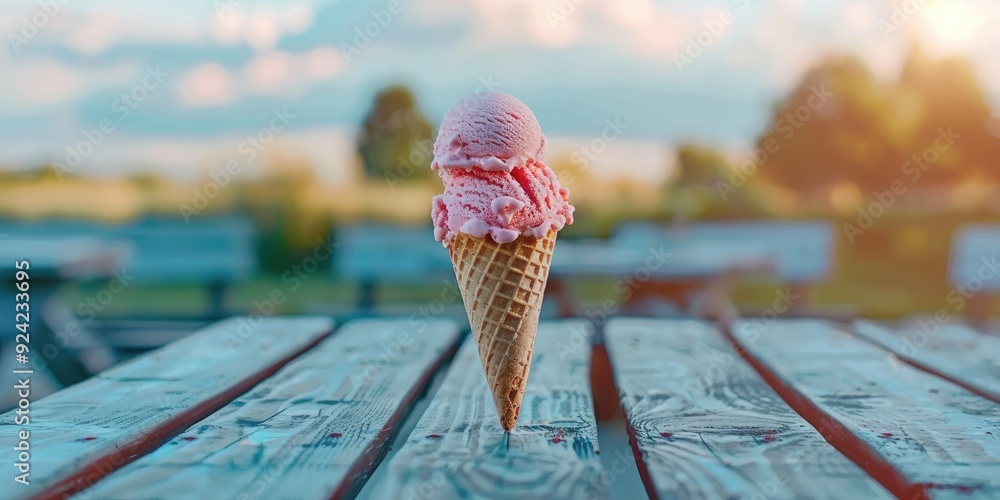 Poster strawberry cheesecake ice cream cone on wooden picnic table