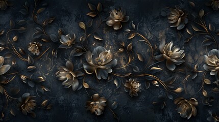A decorative pattern featuring elegant floral designs in dark tones with metallic accents.
