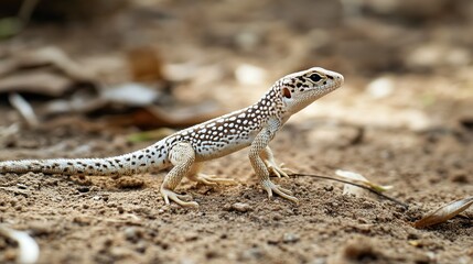 Fototapeta premium A white and brown lizard with black spots is perched on the ground, its head tilted up and its claws digging into the dry earth.
