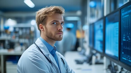 Obraz premium Doctor Looking at Medical Data on Computer Monitors.