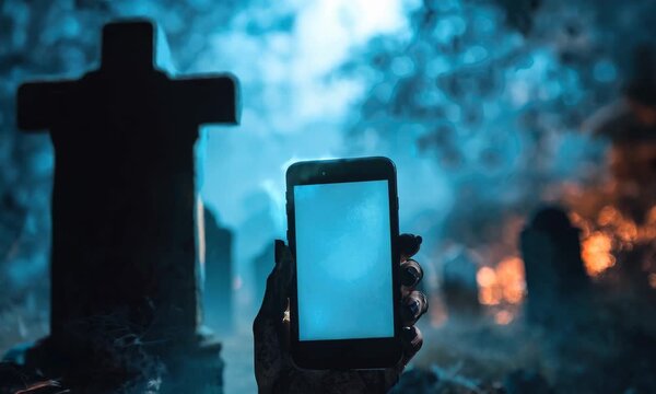 Spooky hand holds phone near gravestones in foggy, moonlit graveyard