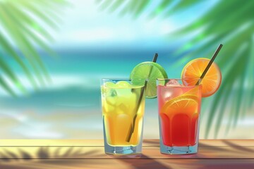 Trio of drinks with orange, red and green straws. Variety of colorful beverages. Food and drink concept