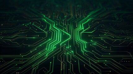 Obraz premium A digital circuit board design with glowing green lines and patterns, symbolizing technology and innovation.