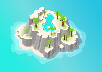 Isometric of  rocky mountain island with trees