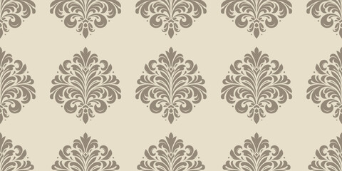 Elegant damask pattern in beige and taupe. Classic floral ornaments for wallpaper, fabrics, and invitations.