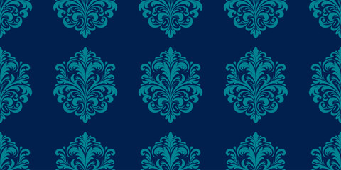 Elegant damask pattern in navy blue and teal. Classic floral ornaments for luxurious wallpaper and textiles.