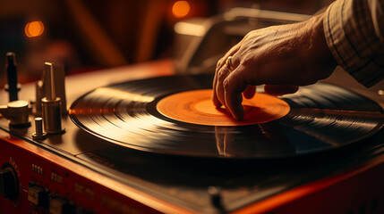 Obraz premium Vintage Vinyl Record On Turntable Warm Orange Glow Detailed Close-up Shot Capturing Hand Placing Needle On Rotating Record With High Contrast And Depth Of Field Creating A Retro Aesthetic
