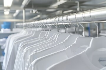 Fototapeta premium A minimalist shot of a row of white hangers in a sleek industrial setting representing simplicity and organization in modern fashion displays