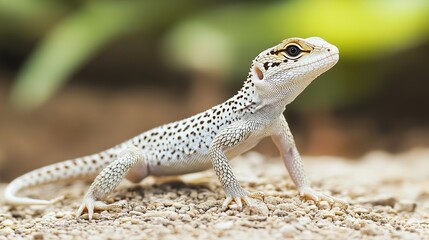 Fototapeta premium A white lizard with black spots, standing on gravel, looking to the right, with a green background.