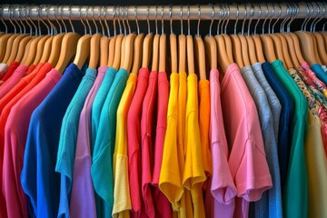 Fototapeta premium A vibrant display of colorful t shirts neatly arranged on hangers symbolizing diversity and style in modern casual fashion