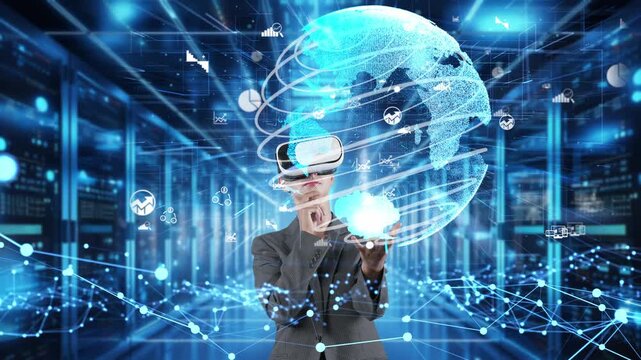 Businesswoman searching finance data dynamic world shape monitor by VR future global market excellent innovation interface digital network technology virtual hologram animation at server. Contraption.