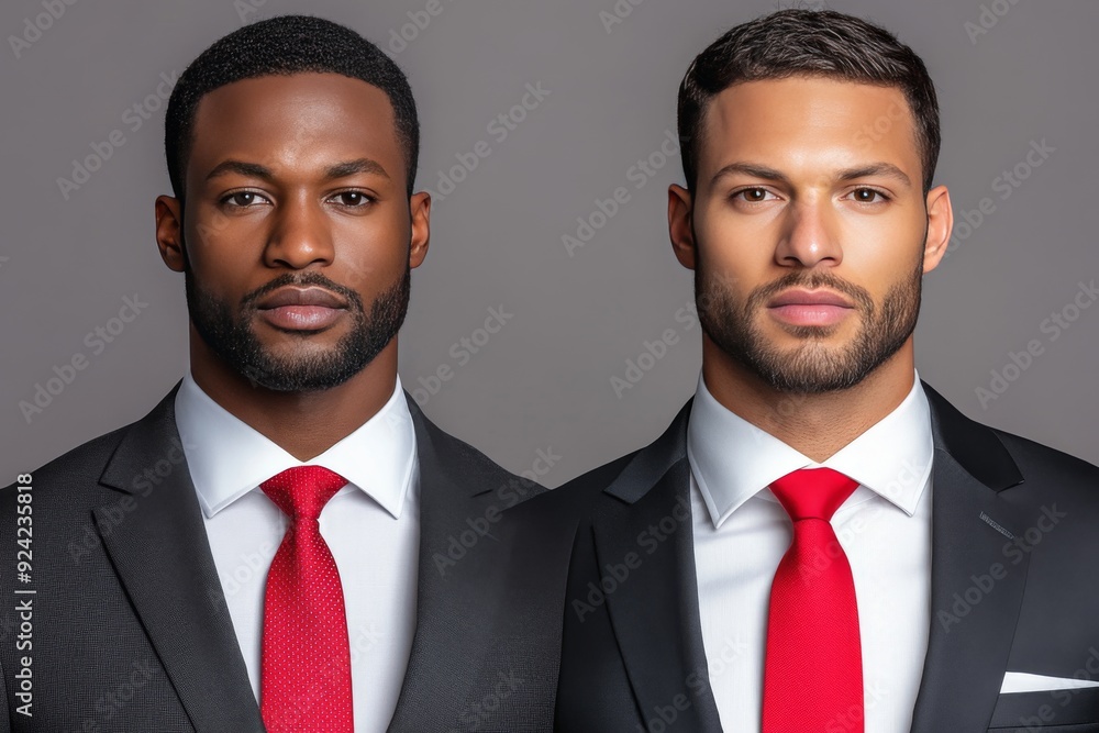 Poster a portrait of two men in matching suits and red ties symbolizing unity and professionalism in modern