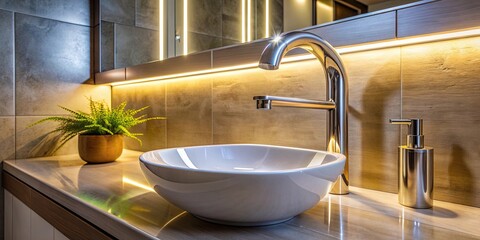 A modern chrome faucet and basin with LED lighting in a cozy bathroom interior , bathroom, water tap, chrome