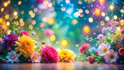 Vibrant colorful studio backdrop featuring abstract blurred floral patterns and soft focus bokeh lights, providing a creative and whimsical setting for portraits. 