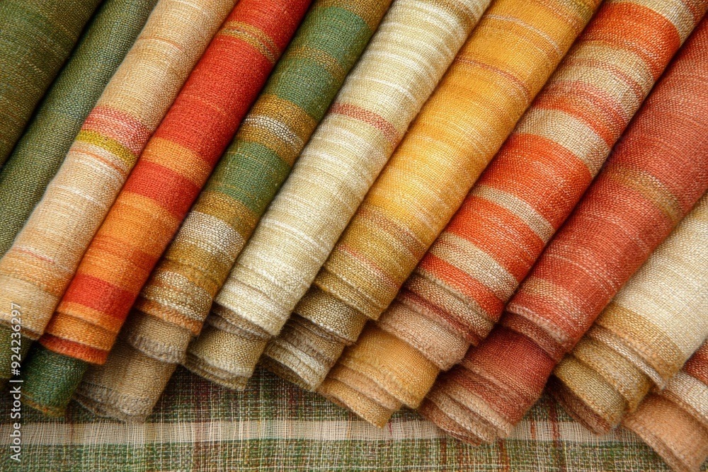 Poster assorted rolls of colorful woven fabric in a close up shot emphasizing texture craftsmanship and the
