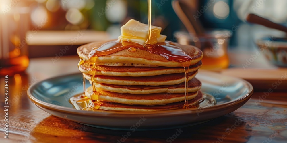 Poster stack of tasty pancakes topped with melting butter and drizzled with maple syrup