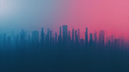 A minimalist city skyline silhouette against a gradient background of pink and blue hues.