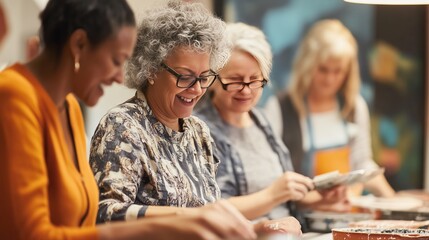 Obraz premium A diverse group of adult learners engages in a workshop to acquire practical skills and collaborate.