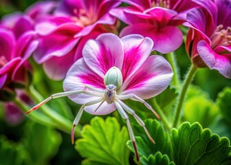 Delicate white spider legs gently grasp the soft petals of a vibrant pink geranium flower against a lush green foliage background.