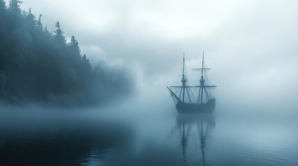 Obraz premium A Ghost Ship in Distance on Foggy Lake Halloween Concept with Copy Space