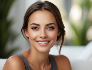 Portrait of a Smiling Woman with Brown Hair and Makeup